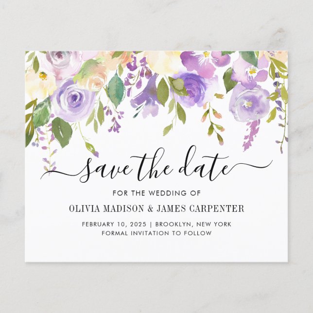 Budget Lila Violett Floral Save the Date (Vorderseite)