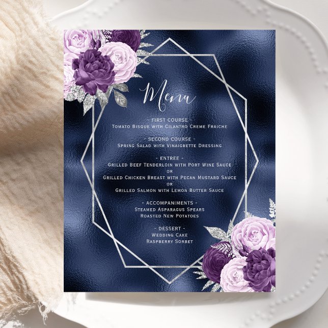 Budget Lilac Floral Silver Navy Hochzeitsmenü (Von Creator hochgeladen)