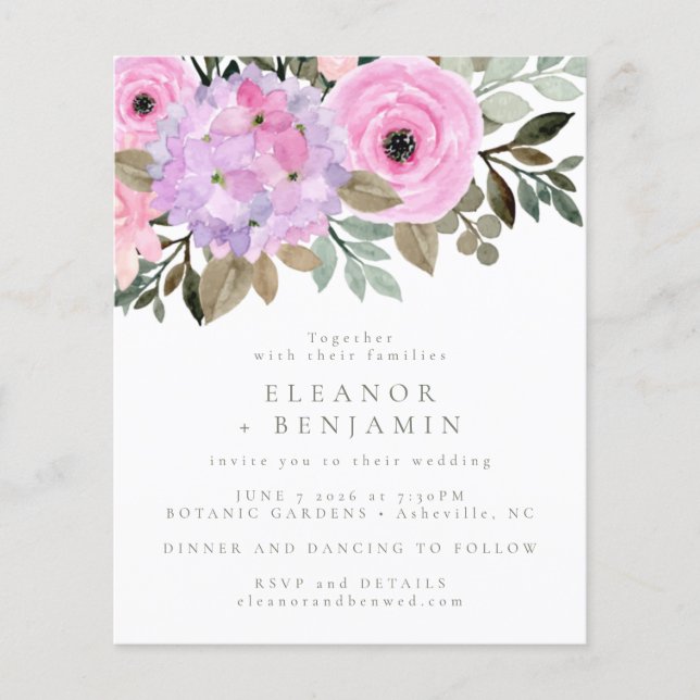 Budget Lilac Pink Floral Bouquet Wedite Einladung (Vorderseite)