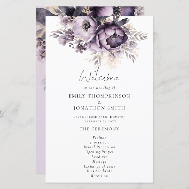 Budget Lilac Purple Florals Programme de mariage (Devant / Derrière)