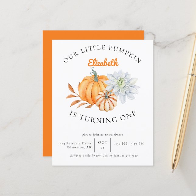 Budget Little Pumpkin 1. Geburtstag Einladung Nied (Vorderseite/Rückseite Beispiel)