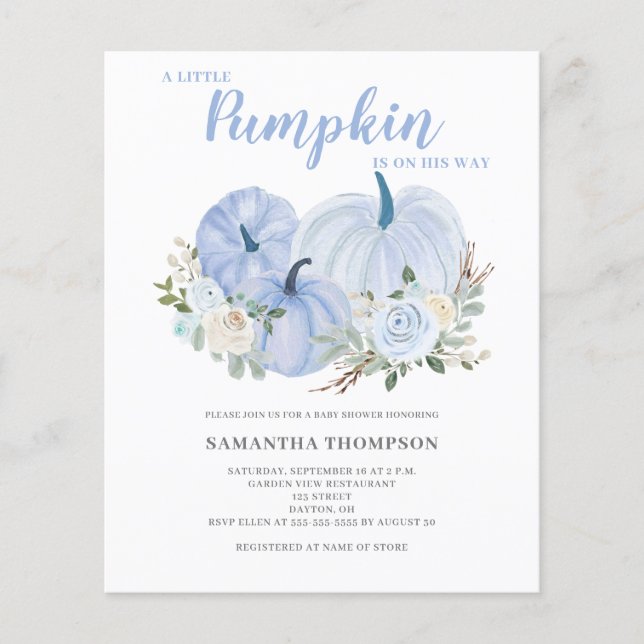 Budget Little Pumpkin Blue Baby Dusche Einladung Flyer (Vorne)
