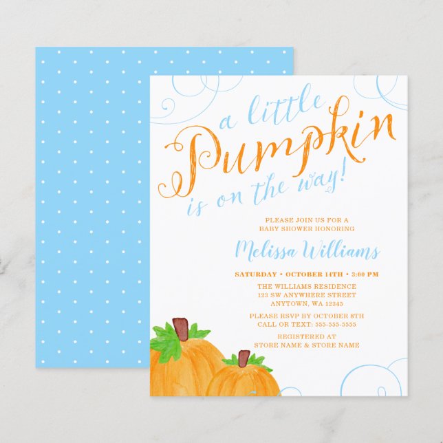 Budget Little Pumpkin Fall Blue Boy Baby Dusche (Vorne/Hinten)