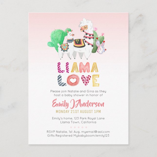 BUDGET Llama Mama Baby Liebe Pink Girls Dusche Postkarte (Vorderseite)