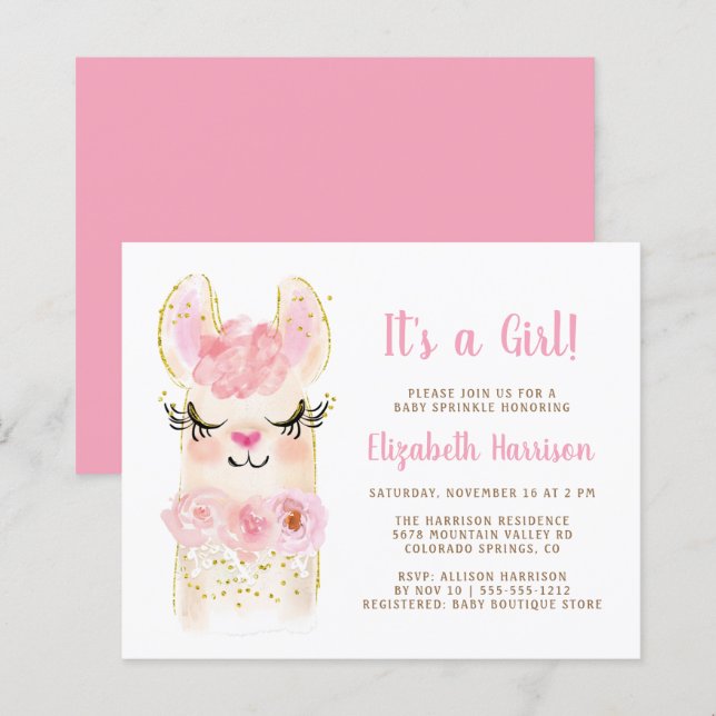 Budget Llama Pink Baby Girl Sprinkle Einladung (Vorne/Hinten)