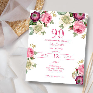Budget Magenta Floral 90th Birthday Invitation