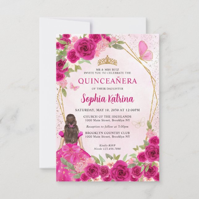 Budget Magenta Gold Floral Prinzessin Quinceañera Mitteilungskarte (Vorderseite)