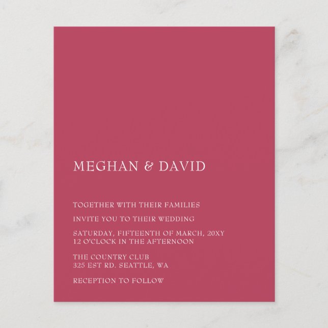 Budget Magenta Moderne Hochzeitseinladung (Vorderseite)
