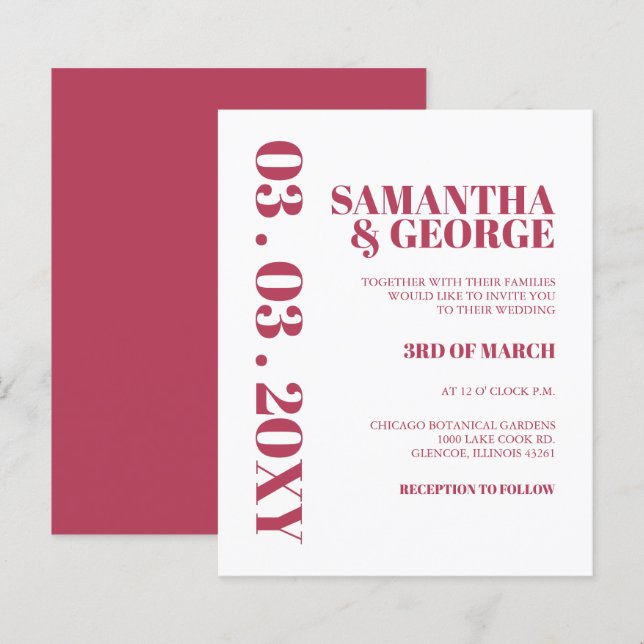 Budget Magenta Moderne Retro Hochzeit Einladung (Vorne/Hinten)