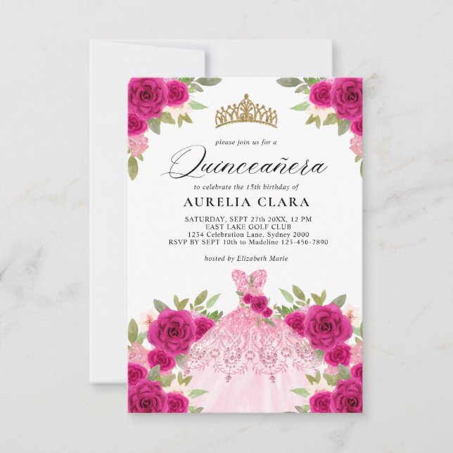 BUDGET Magenta Rosa Kleid Floral 15. Quinceañera Mitteilungskarte (Vorderseite)