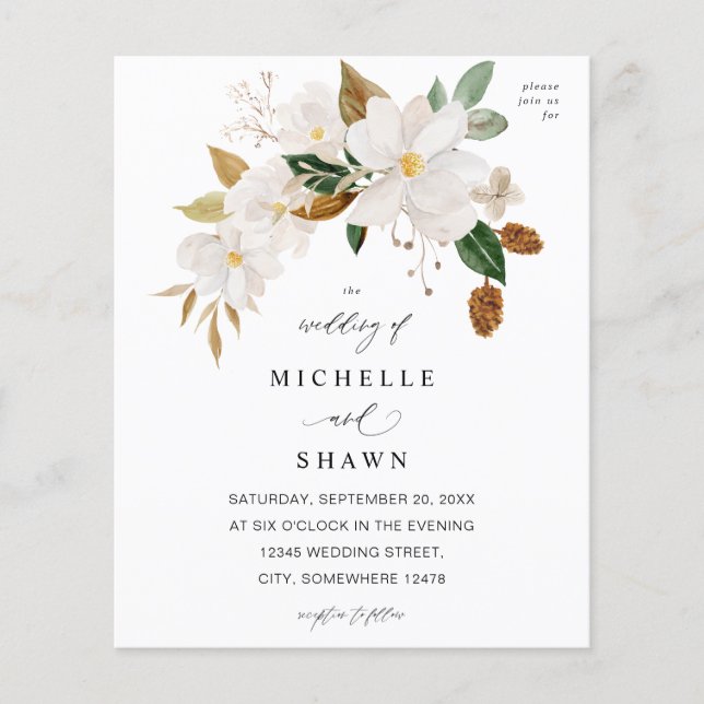 Budget Magnolia White Floral Wedding Flyer (Vorne)
