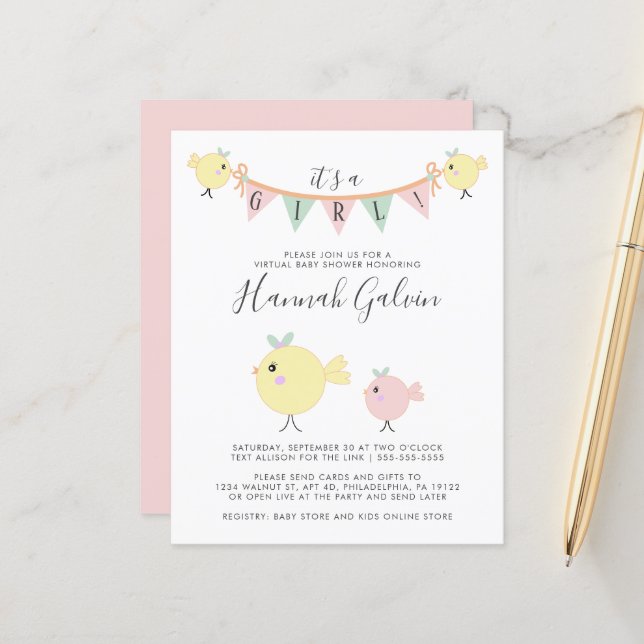 Budget Mama Bird Virtual Baby Girl Shower Einladun (Vorderseite/Rückseite Beispiel)