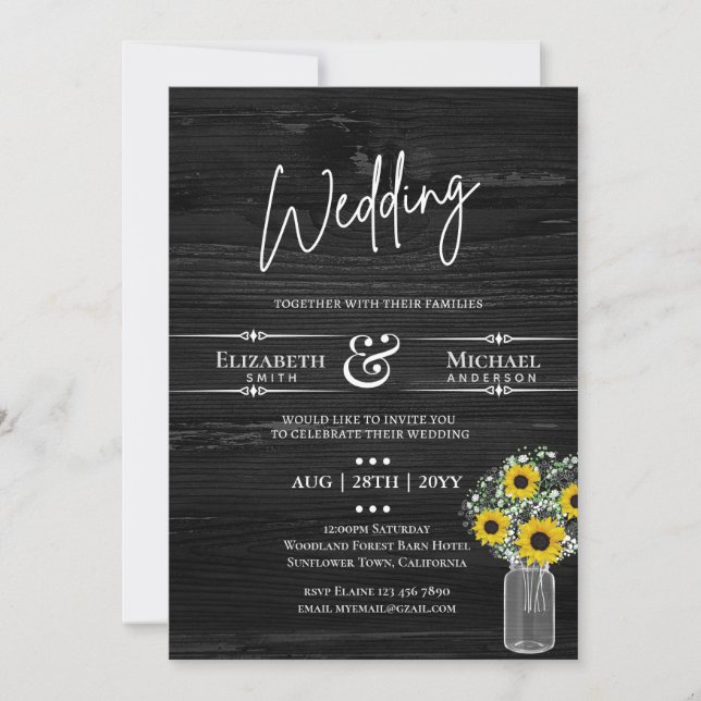BUDGET Mariage Champêtre Invitation Tournesol Noir (Devant)