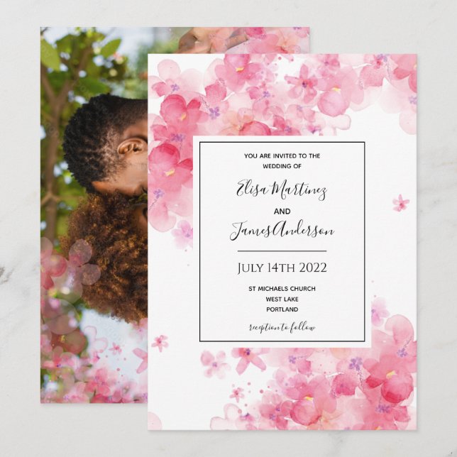 budget mariage rose floral romantique invitation (Devant / Derrière)