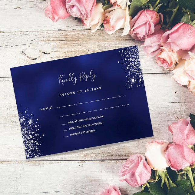 Budget Marine blauen Glitzer Staub Hochzeit RSVP Mitteilungskarte (Von Creator hochgeladen)