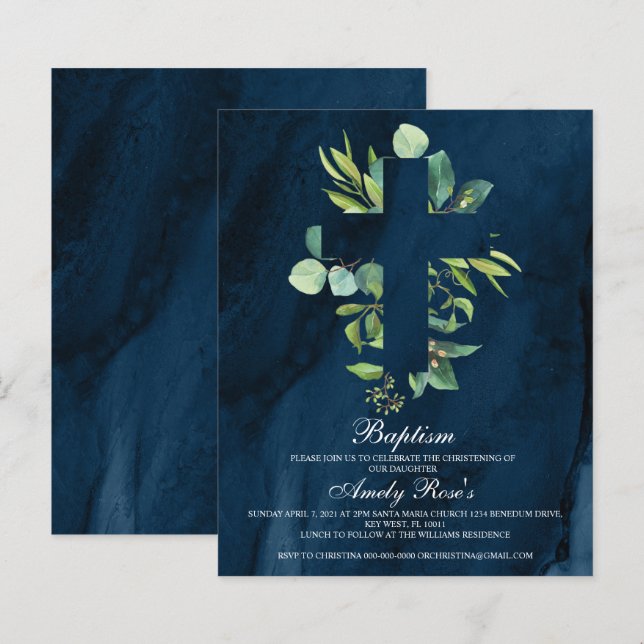 Budget Marine Bleu & Feuille Cross Baptism Invitat (Devant / Derrière)