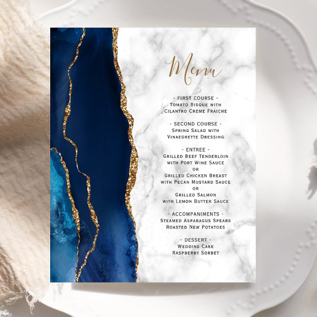 Budget Marine Blue Gold Agate Marbre Mariage Menu (Créateur téléchargé)