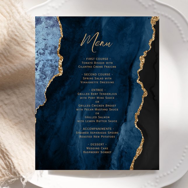 Budget Marine Blue Gold Agate Mariage Menu (Créateur téléchargé)