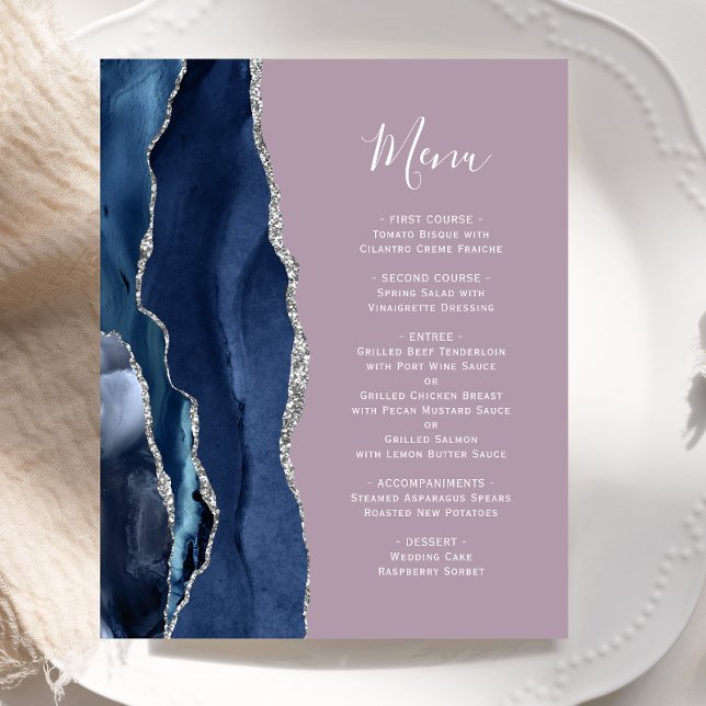 Budget Marine Blue Silver Agate Mauve Mariage Menu (Créateur téléchargé)