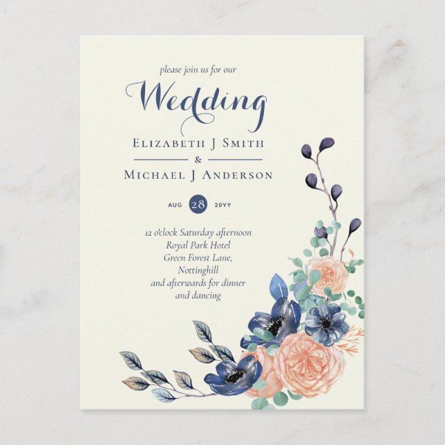 BUDGET Marine Coral Floral Mariages Invitations (Devant)