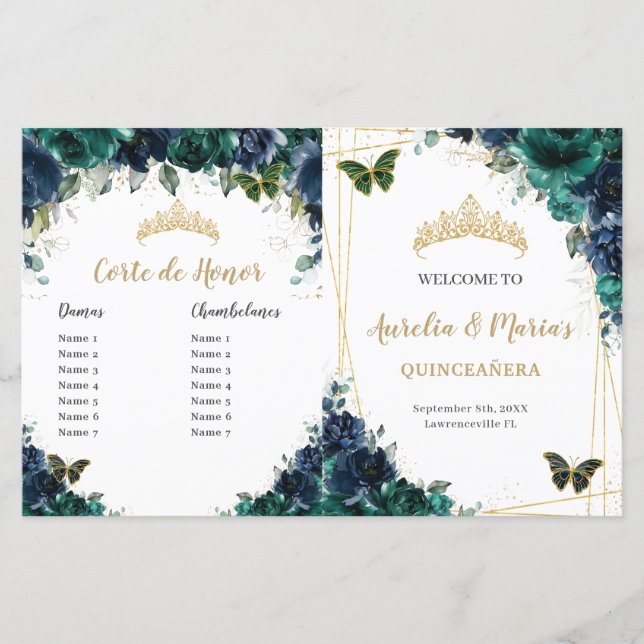 Budget Marine Emerald Floral Quinceañera Programme (Devant)