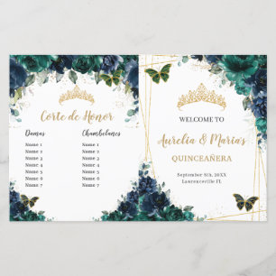 Budget Marine Emerald Floral Quinceañera Programme