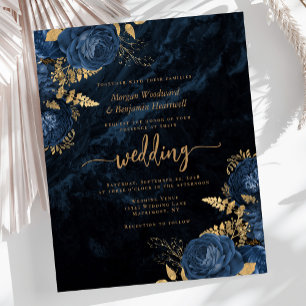 Budget Marineblau-Gold-Blumen-Hochzeitseinladung