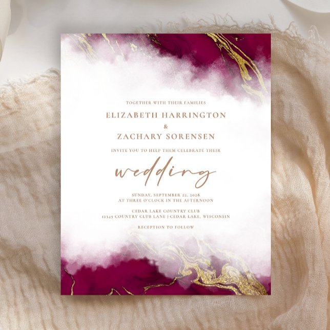 Budget Marmor Burgundy Red Gold Hochzeit Einladung (Von Creator hochgeladen)