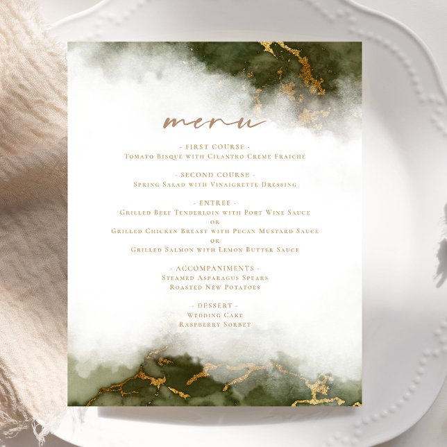 Budget Marmor Olive Green Gold Wedding Menü (Von Creator hochgeladen)