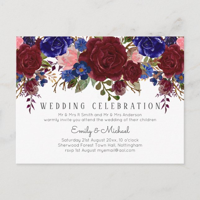 BUDGET Marsala Blue Pink Blumenzwiebeln Einladung Postkarte (Vorderseite)