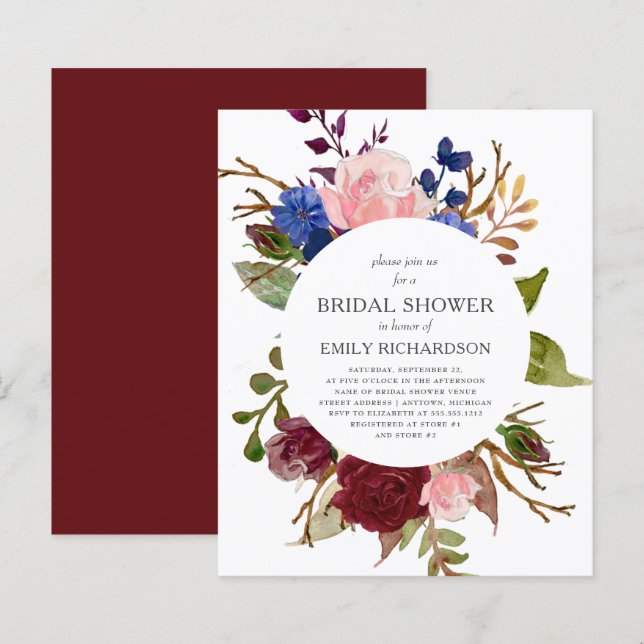 Budget Marsala Floral Bridal Dusche Einladung (Vorne/Hinten)