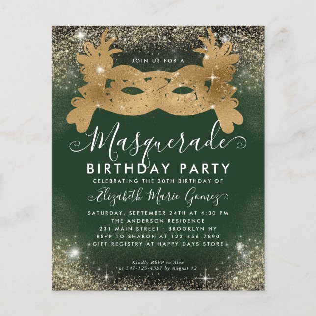 Budget Masquerade Green Gold Glam Glitzer Geburtst (Vorderseite)