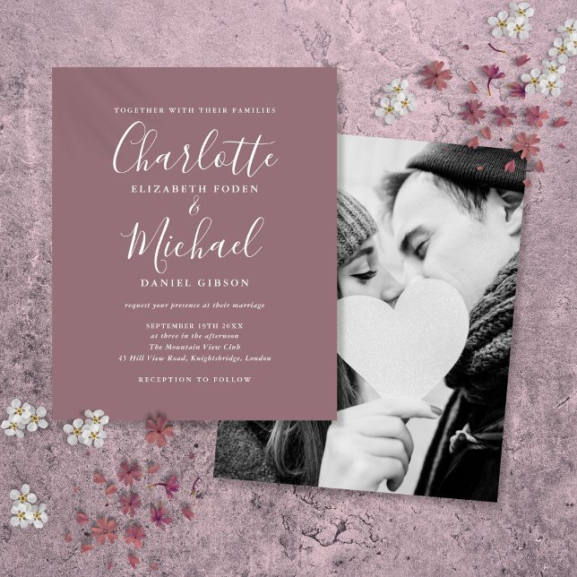 Budget Mauve Script Foto Hochzeit Einladung (Budget Mauve Script Photo Wedding Invitation)