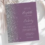 Budget Mauve Silver Glitzer Wedding Einladung<br><div class="desc">Die links Kulisse dieser eleganten,  modernen Hochzeitseinladung besticht durch eine silberne Imitat-Glitzer-Grenze. Der individuell anpassbare Text vereint handschriftlich,  kopperplate und kursiv Schriftart auf einem lila Hintergrund. Die Rückseite ist in einem passenden Lila- und Silber-Design gehalten.</div>