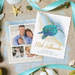 Budget Mele Kalikimaka Sea Turtle Beach Foto Card<br><div class="desc">Rett Geld mit diesen Budget Küsten-Thema Weihnachtskarten, auf einem billigeren Papier und etwas kleiner Größe. Das tropische Stranddesign besticht durch eine türkisblaue Meeresschildkröte in Aquarell auf einem abstrakten Strandhintergrund mit einem Imitat Gold Glitzer funkelnd Wave und Mele Kalikimaka Drehbuch. Auf der Rückseite befinden sich 3 Fotovorlagen, um die Karten mit...</div>