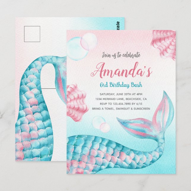 Budget Mermaid aquarelle Anniversaire Invitation (Devant / Derrière)