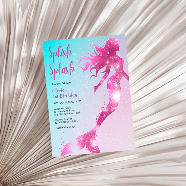 Budget Mermaid Girl 1. Geburtstag Einladung (Budget Splish Splash Mermaid Baby Girl 1st Birthday Invitation   )