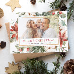 Budget Merry Christmas Greenery Photo Holiday Flyer<br><div class="desc">Budget Rustic Winter Merry Christmas Photo Card with Holiday Floral White Flowers,  Greenery and Red Poinsettia Flowers with a simple Background.</div>