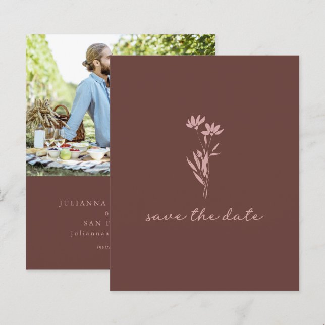 Budget Minimal florales braunes Foto Save the Date (Vorne/Hinten)