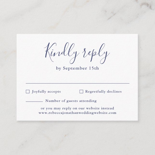Budget Minimal Navy Blue Wedding RSVP Card Begleitkarte (Vorderseite)