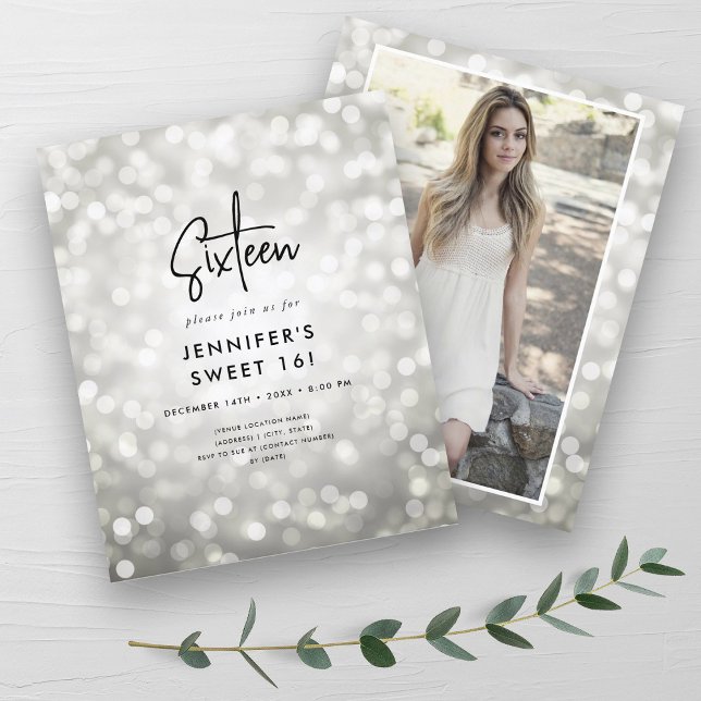 Budget Minimal Silver Glam Foto Sweet 16 Einladung (Budget Minimal Silver Glam Photo Sweet 16 Invite)