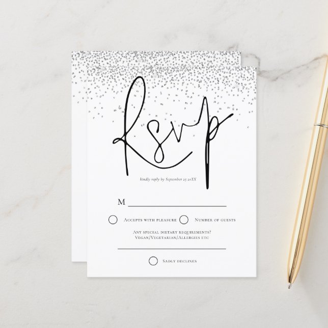 Budget Minimal Silver Glitzer Hochzeit RSVP (Vorderseite/Rückseite Beispiel)