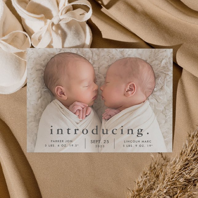 Budget Minimal Twin Foto Geburtsankündigung (Simple typography twins baby birth announcement.)