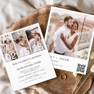 Budget Minimalistisch 4 Foto QR Hochzeit Flyer