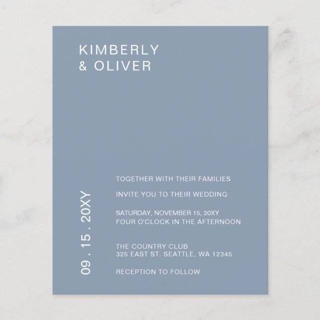 Budget Minimalistisch Dusty Blue Wedding Einladung (Vorderseite)