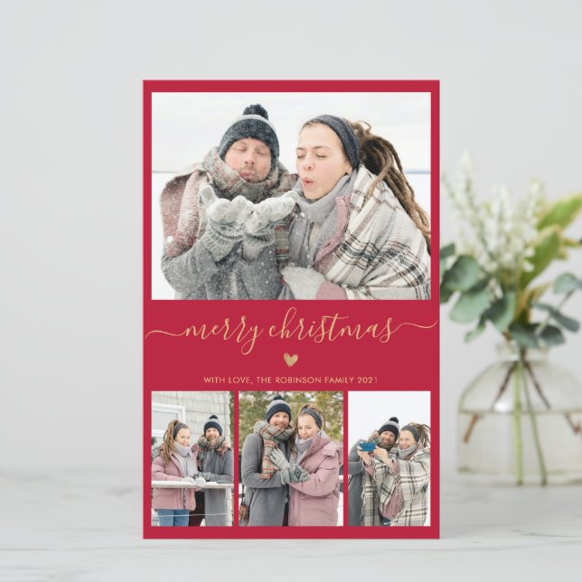 Budget Minimalistisch Red Gold 4 Foto Weihnachtska (Stehend Vorderseite)