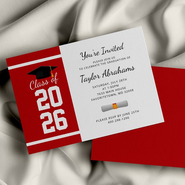 Budget Minimalistisch Red White Abschluss Einladun (Graduation 2024 Red White Script Party Invitation)