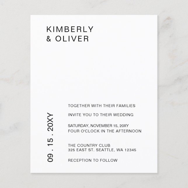 Budget Minimalistische Einladungen zur White Weddi (Vorderseite)