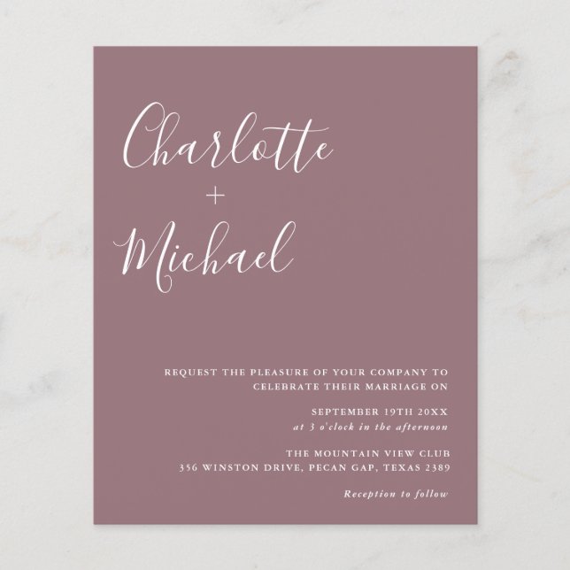 Budget Minimalistische Mauve Hochzeit Einladung (Vorderseite)
