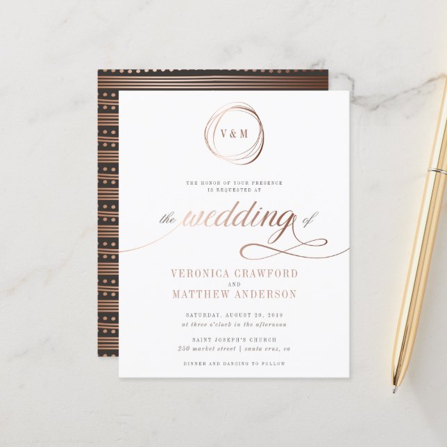 Budget Minimalistische Rose Goldtypografie Hochzei (Vorderseite/Rückseite Beispiel)